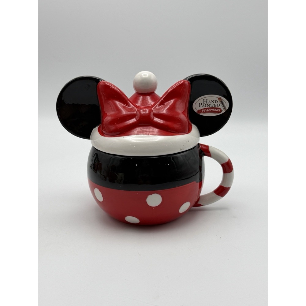 Disney Minnie Mouse Head Silhouette Christmas Mug w/ Santa Hat Lid - READ